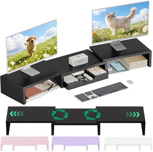 OPNICE Dual Computer Monitor Stand Riser, Desk Organizer with Dra...