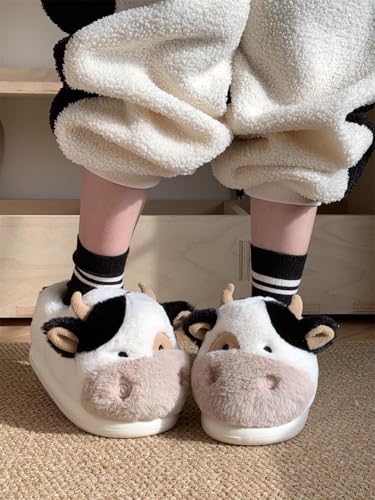 Kawaii Cow Slippers for Women Teen Girls Fuzzy Home Slippers Fluffy Soft Plush Warm House Slippers for Women Men (13,White,14)4
