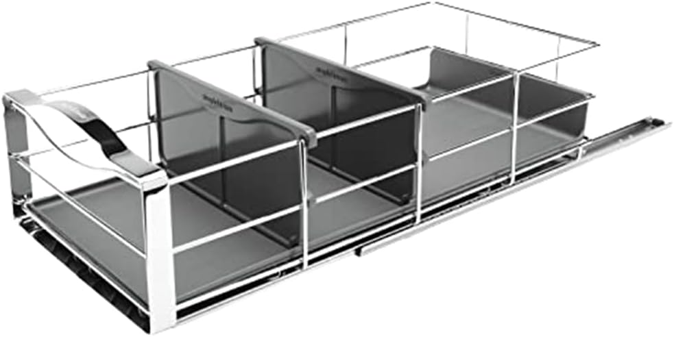 KT1118 22.8cm Pull-Out Kitchen Cupboard Cabinet Organiser, Heavy Duty Sliding Shelf Storage, Holds up to 9kg, Easy to Install, Grey Plastic with Heavy-Gauge Steel Frame