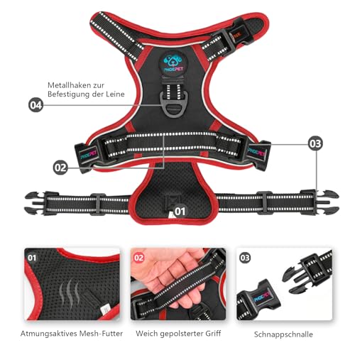 PHOEPET Verstellbares Sicherheitsgeschirr für mittlere und große Hunde mit gepolstertem Griff und reflektierendem Hundegeschirr, leicht zu kontrollieren für den täglichen Spaziergang(Schwarz,M)