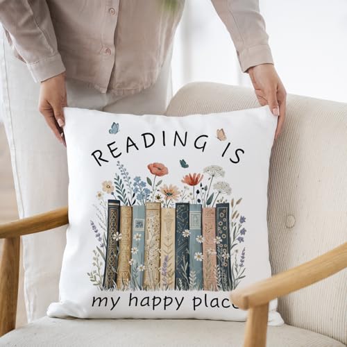 Image of Floar Book Lover Reader Gifts Pillow Covers, Bookish Bookworm Gifts, Reading is My Happy Place Book Pillow Cover Gifts for Women 18x18,Book Nook Decor,Reading Pillow for Kids