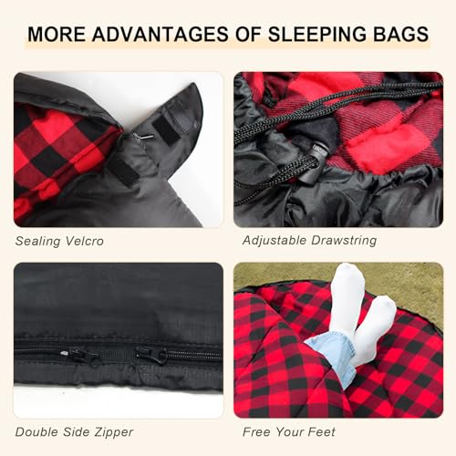 Image of Double Sleeping Bag Flannel for Adults with 2 Pillows 2 Person Sleeping Bags Camping XXL Queen Size Two Person Sleeping Bag for Cold Weather