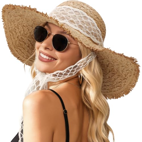Image of Womens Beach Sun Straw Hat, Wide Brim Sun Hat Travel Foldable Summer Wind Lanyard UPF 50+