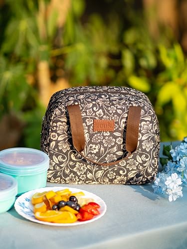 Image of ZOUK FloMotif Floral Printed Jute Black Insulated Lunch Tiffin Storage Picnic Tiffin Storage Picnic Bag