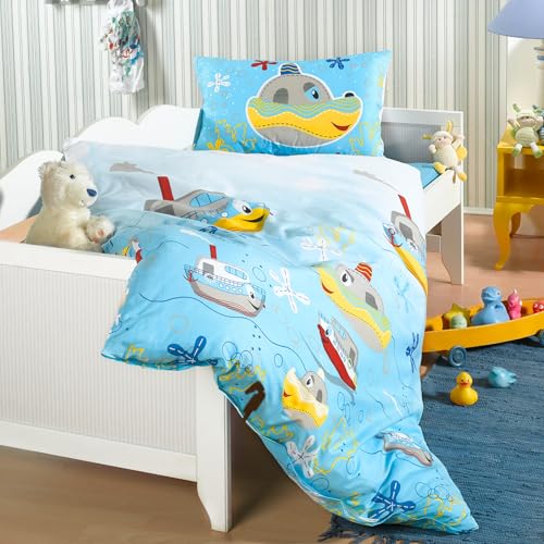 BaSaTex Kinder Baby Bettwäsche Set für Mädchen und Jungen | 100x135 cm + 40x60 cm | 100% Baumwolle Renforcé | Reißverschluss | Boote – Schiffe | blau