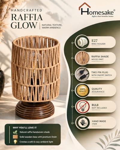 Image of Homesake Natural Weave Rope Table Lamp | Handcrafted Boho Bedside Light with Wooden Base | Warm Ambient Home Decor, Livra Collection, Lighting & Office Decor Light