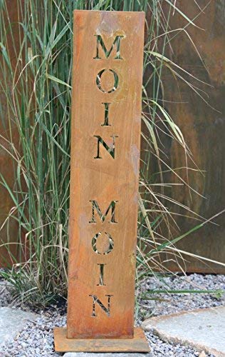 Rostikal | Edelrost Gartendeko Ständer mit Schriftzug Moin Moin | 71 cm hoch