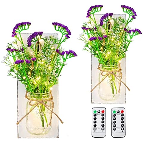 OCTMUSTARD Rustic Wall Decor Mason Jar Sconces Decor with Remote Control Led Lights for Farmhouse Bathroom and Living Room Decorative.Shabby Chic White with Purple Flower Art Decorations,Set of Two Cover