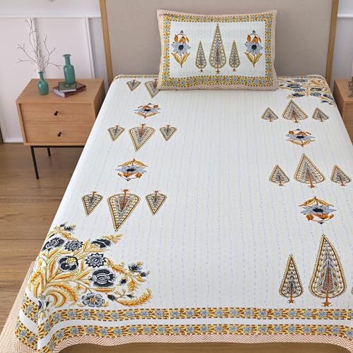 Image of 100% Cotton Single Bedsheet with 1 Pillow Cover | 240 TC Pure Cotton Flat Bed Sheet | Traditional Jaipuri Printed Bedding Set | Soft & Breathable | 60 x 90 Inch (Rangmahal Single 49)