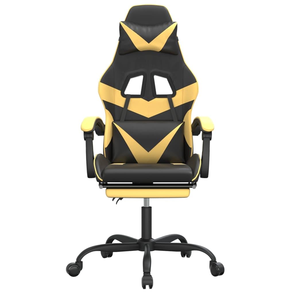Drehbarer Gaming-Stuhl mit Fußstütze und Kissen aus Kunstleder in Schwarz & Golden, verstellbare Rückenlehne und Höhe, 360° drehbar, Robustes Metallgestell, max. 110 kg