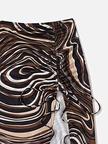 Women's Summer Graphic Print Ruched Drawstring Split Hem High Waisted Midi Skirt3