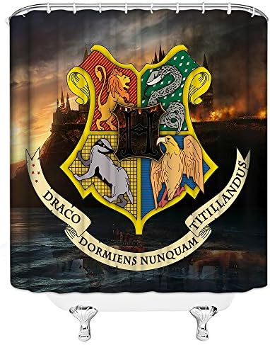 AMHNF Cool Magic School Badge Shower Curtain Creative Black Orange Sky Magic Castle Personality Simple Academy Badge Hanging Curtain 70x70 Inches Send Hook Bathroom Curtain