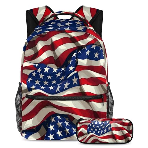 Cartable drapeau américain avec trousse pour collégiens et lycéens style usa