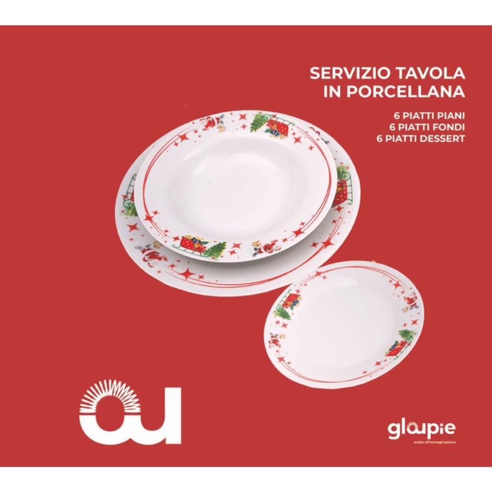 Servizio Piatti Natalizio Per 6 Persone Composto Da 18 Piatti Di Cui 6 Piani, 6 Fondi, 6 Dessert, In Porcellana Bianca Dal Decoro Natalizio Con Slitte, Regali, Stelle E Babbi Natale