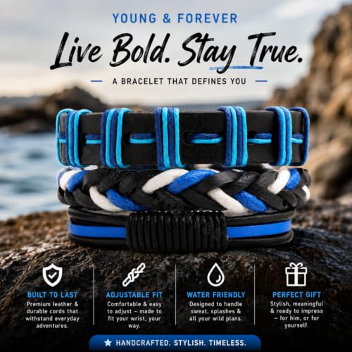 Image of Young & Forever Multi-Layer Leather Bracelet for Men | Adjustable Handmade Wrap Bracelet with Beads, Anchor, Evil Eye, Feather & Boho Charms | Vintage Punk Casual Wristband Gift for Men & Boys