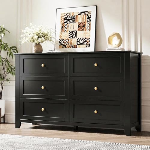 GarveeHome 6 Drawer Dresser for Bedroom, Black Dresser with Deep Drawers & Metal Knobs, Large Modern Wooden Chests of Drawers for Entryway, Hallway