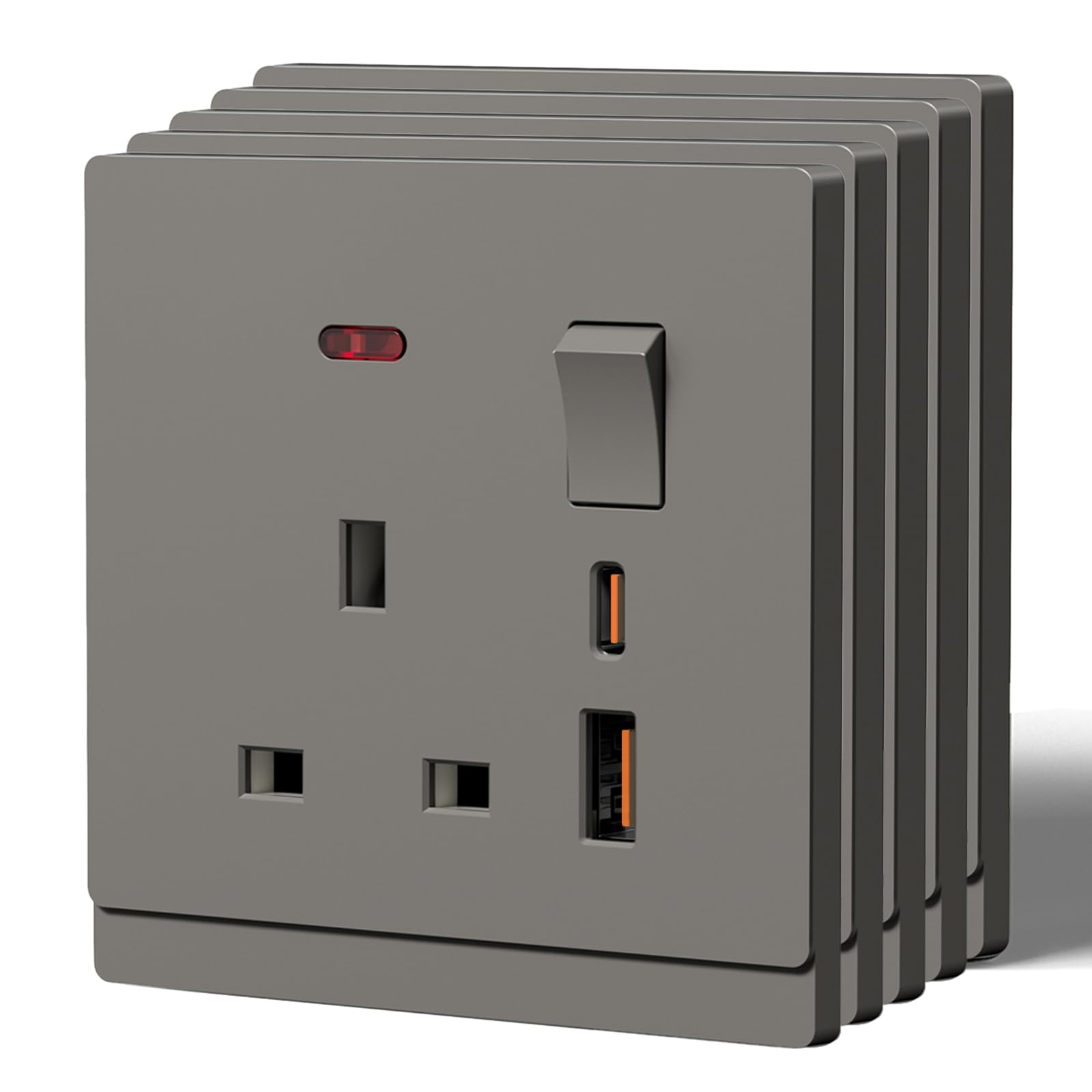 BSEED Single Socket with 20W USB C Fast Charging,Tactile Finish Switched Wall Sockets,13A Electric Power Outlet,Individual Control & LED Indicator,Designer Wall Plate,Single(20W)-5 Pack,86mm Grey