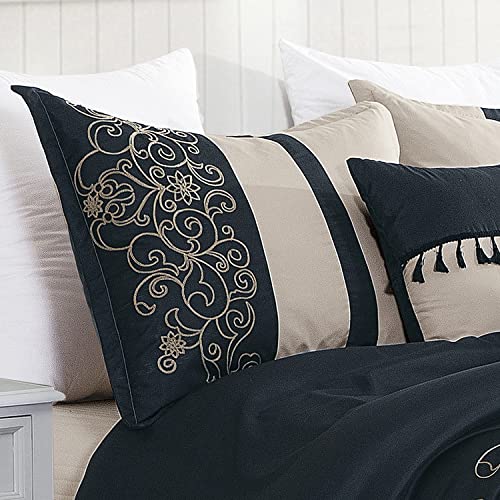 Hig 7 Pcs Floral Embroidery Bedding Comforter Sets With Down Alternative Filling, Classic Color Block Patchwork Bed Set, Aesthetic Microfiber Bed In A Bag With Luxurious Flowers, Navy, Queen (22056) #TOP1