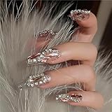Rchovsam Glitter Press on Nails Medium Coffin False Nails Press Ons Full Diamond Design Fake Nails with Rhinestone Summer Stick on Nails Acrylic False Nails Gitf for Womens 24pcs