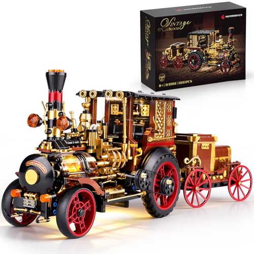 Image of OWNONE 1 Vintage Car Steam Engine Building Blocks Set with Lights, Western Retro Steam Tractor Locomotive Model Building Kit for Vintage & West Lovers, Creative Home Office Decor Gift for Adults Teens