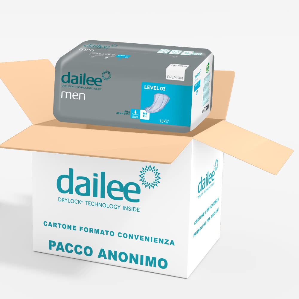 Dailee Men Nivel 3-180x Compresa Protectora y Absorbente para Hombre - 4 Gotas - Máxima Discreción contra Incontinencia Urinaria - Paquete Mensual