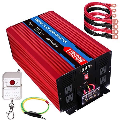 ETREPOW 3000 Watt /6000 Watt Pure Sine Wave Power Inverter 12V DC to 110V AC Power Converter Wireless Remote Control, Car Inverter for 4 AC Sockets and 2.1A USB Port.