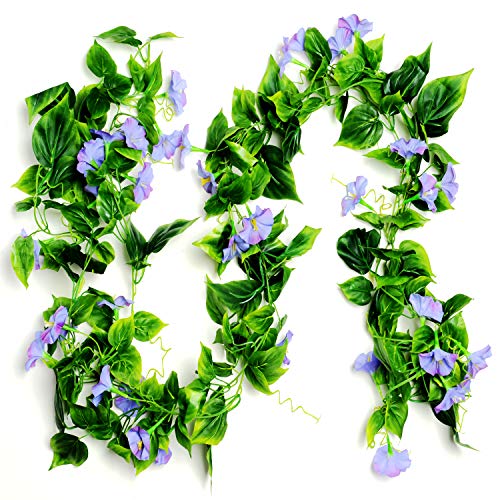 Airsun Artificial Morning Glory Flower Vines, 2Pcs 15Feet Hanging Plants Silk Garland Fake Green Plant Home Garden Wall Fence Indoor Outdoor Wedding Birthday Decor (Purple Blue) #TOP2