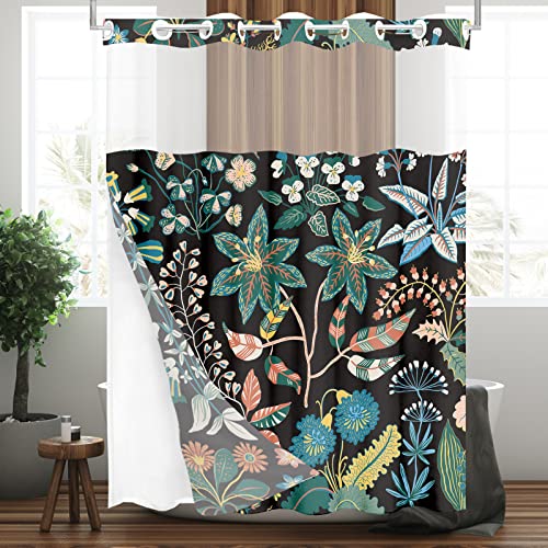 Tititex No Hooks Snap In Liner Black Rustic Floral Boho Shower Curtain Sets, Hotel Luxury Double Layers Waterproof Fabric & See-Through Top Window Bathroom Decorative 71X71 Inch #TOP1