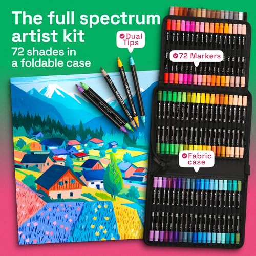 Image of ARTISTRO Acrylic Paint Pens With Storage Bag for Calligraphy - Markers With Brush and Fine Precision Tips - Multisurface Painting for Fabric, Rock, Glass, and More (72 Markers, Dual Tip Brush + Fine)
