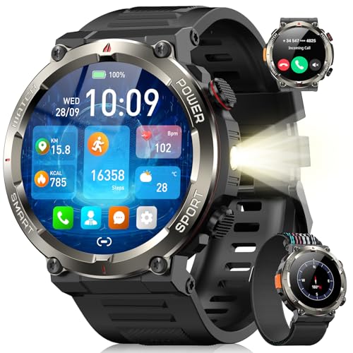 Military Smart Watch for Men(Answer/Make Calls),Outdoor Smartwatch with 100 Days Battery/Flashlight/Compass/Heart Rate/SpO2/Sleep Monitor/2 Straps, Rugged Fitness Watch for iPhone/Android Phones