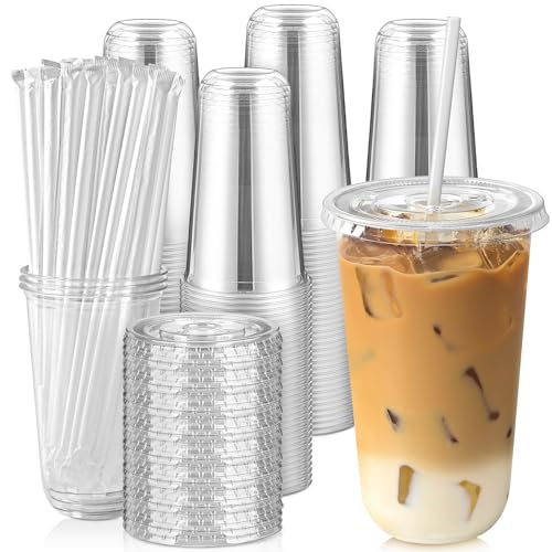 Jycnolm [100 Sets - 18oz Round Bottom Clear Plastic Cups with Lids and Straws Disposable Iced Coffee Cups with Lids To Go Cold Drink Cups for Smoothies Juices Party Catering