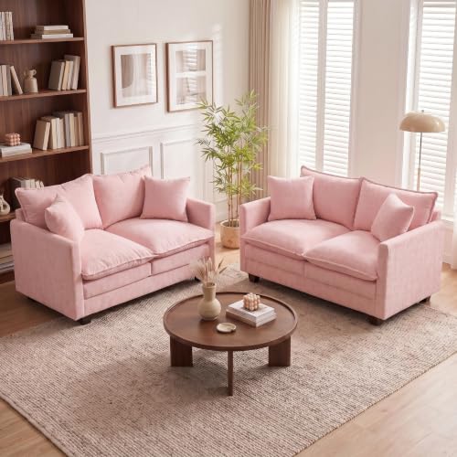 Image of 50'' Loveseat Sofa Set, Small Couch Set 2 Piece Cloud Love Seat with 27 inch Deep Seat Washable Chenille Pillows Couches for Small Spaces Apartment Living Room, Pink
