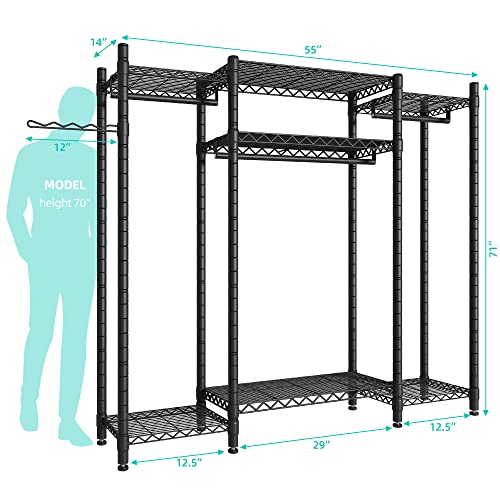 Punion Clothing Rack Heavy Duty Clothes Rack, L Shaped Pro Garment Rack With 7 Shelves, Sturdy Metal Wardrobe Closet Rack For Hanging Clothes, 56" L X 14" W X 71" H, Max Load 520Lbs, Black, Gr7L #TOP3