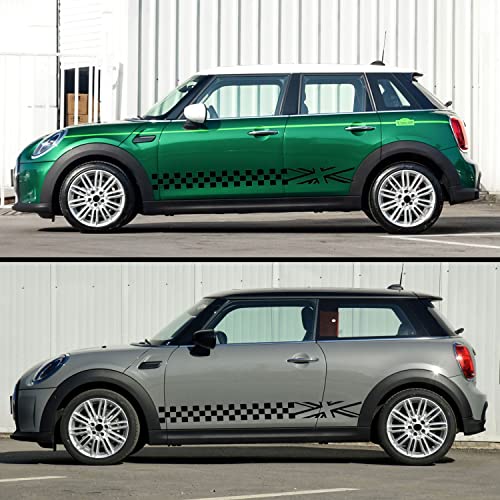 Image of 2Pcs 78.7'' Universal Racing Checkered Flag Graphic Car Body Side Sticker Self-Adhesive Side Strip Decal Lattice Grid Stripe Stickers Decoration for Mini Cooper Truck SUV Vehicles (A, Black)