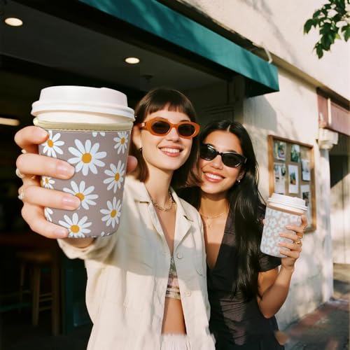 Image of Reusable Insulated Sleeve for Iced Coffee Cup, Coffee Neoprene Sleeve for Cold & Hot Drinks, Beverage Holder for Iced Coffee (Sunny Daisies, Medium: 22-24oz)