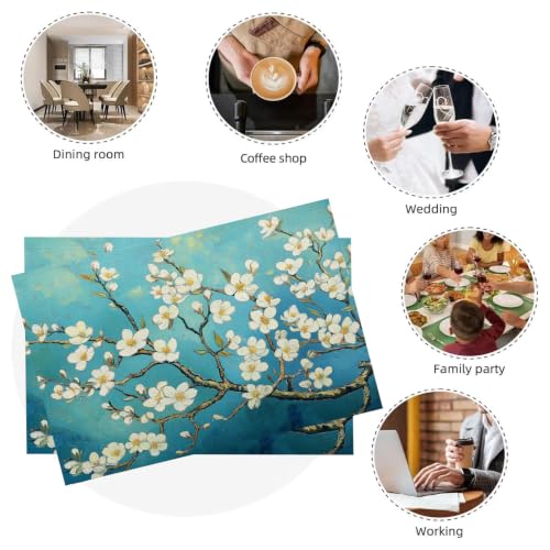 Set de table bleu-vert lavable en machine | Lot de 6 napperons 30x45cm rectangle lin coton