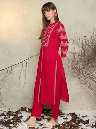 Image of INDO ERA Women's Pure Cotton Floral Printed Calf Length A-Line Kurta & Pant Set (IESTR10990)