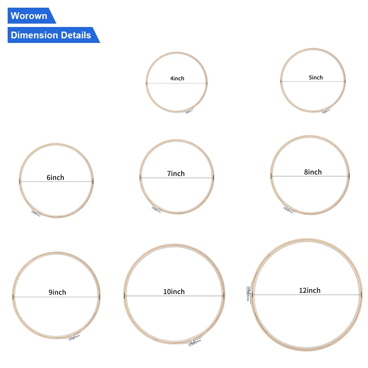 Worown 8 Sizes (10, 13, 15, 18, 20, 23, 26 & 30cm) Bamboo Embroidery Hoops, Adjustable Sewing Circle Rings - Image 2