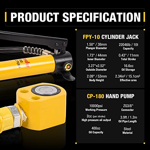 Image of 10T Low Profile Hydraulic Cylinder Ram Jack Kit FPY-10 0.43 inch Stroke + CP-180 400cc Manual Hydraulic Hand Pump Hydraulic Porta Power Kit