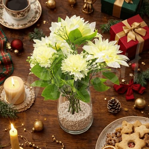 Image of Divyakosh Artificial Flower Bunch, Premium Fabric Multiflora Fake Flowers for Home Decor, Living Room, Bedroom, Wedding, Pooja & Festive Decoration (White, Pack of 1, Without Vase)