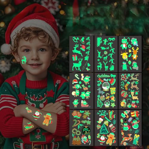 Ponko 夜光 タトゥーシール クリスマス 10枚セット 蓄光 サンタ トナカイ 雪の結晶 防水 おしゃれ かわいい 大人 子供 パーティー 冬 プレゼント
