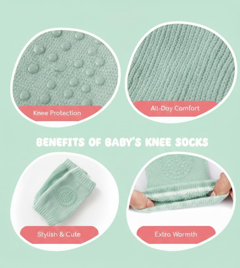 Combo Pack of 2 Pairs Baby Knee Pads for Crawling – Anti-Slip Cotton Safety Protectors – Adjustable Breathable Leg Warmers for Infants & Toddlers (Unisex) (Green) 1