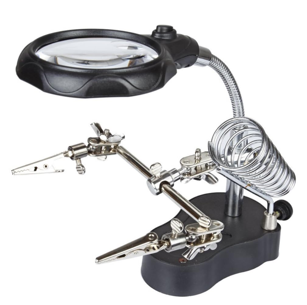 LED Light Helping Hands Soldering Magnifier Station Professional 3.5X 12X Magnifying Glass Stand with Alligator Clips for Soldering, Fabrication and Inspection of Micro-Objects