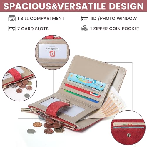 Image of Pomelo Best Wallet Women Bifold Leather Wallets for Women Credit Card Holder with ID Window Zipper Coin Pocket Suede Red
