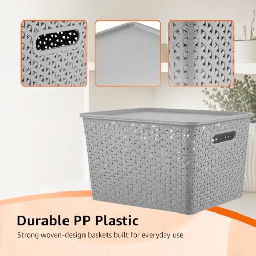 Image of Amazon Basics Set of 3 Plastic Storage Baskets with Lid - Stackable Organiser for Wardrobe, Kitchen, Clothes, Toys, Books, Office Multipurpose Shelf Basket (Large, 36x30x22 cm) | Grey, Rectangular