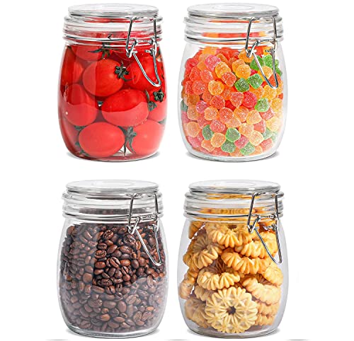 Image of Glass Storage Jars with Clip Lid, Round Clip Top Glass Jar, Clear Airtight Food Storage Container, Canisters for Dry Food Coffee Beans Cereal Spice Sugar Pasta, Round, 750ml, Pack of 4