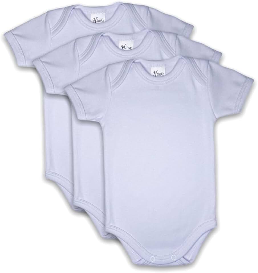 KIT 3 Body Bebê Manga Curta Branco Suedine 100% Algodão