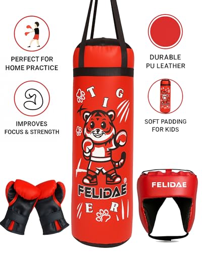 Image of FELIDAE Boxing Kids for Age (5-13 Years) of 4 Boxing Kit Set | Punching Bag for Karate | Bounce-Back Martial Arts Bag for Boys & Girls to Relieve Energy and Build Skills (Red Black)