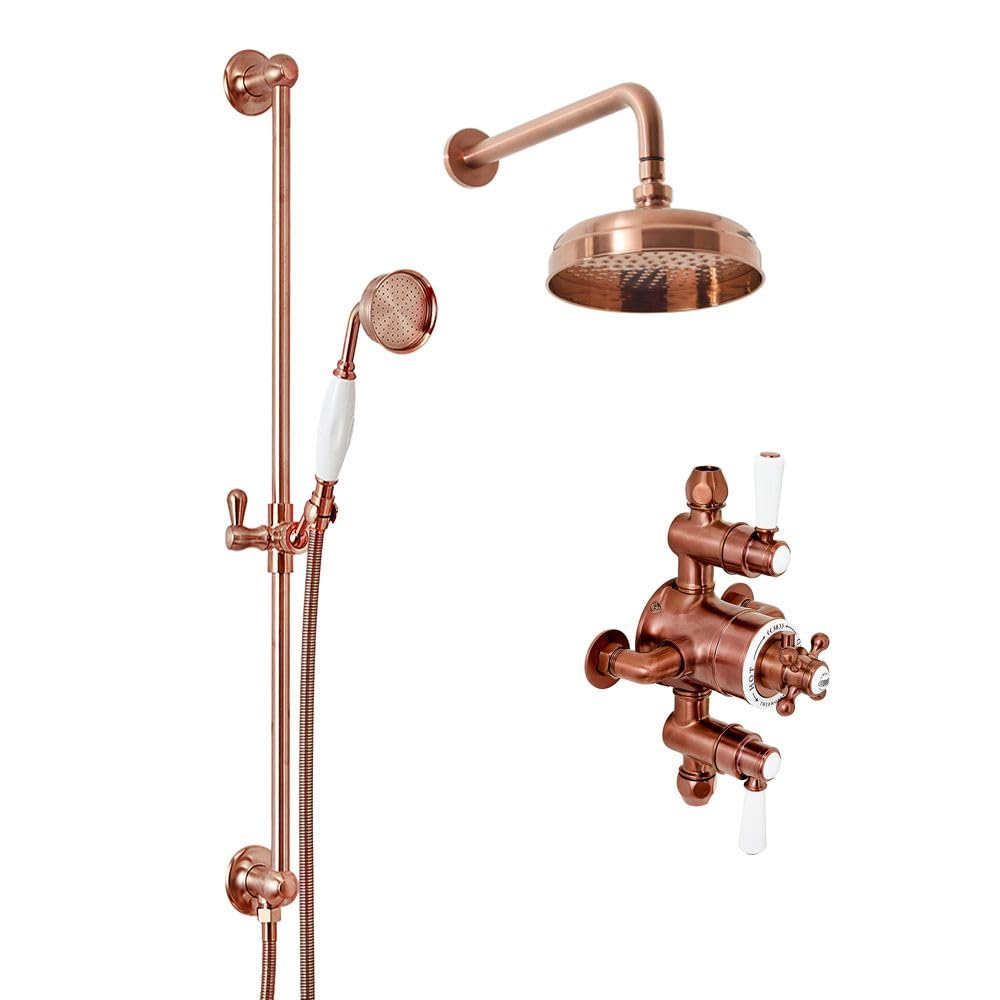 Milano Brushed Copper Elizabeth Thermostatic Mixer Valve 205Mm Shower Head Riser Rail - Copper