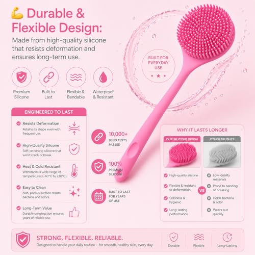 Image of ANTIL'S Soft Silicone Back Scrubber with Long Handle for Shower & Bath | Flexible Exfoliating Brush with Gentle Bristles for Smooth Skin | Body Scrubber for Men, Women & Boys | Ideal for Body Wash & Bathing (PINK) (PINK)